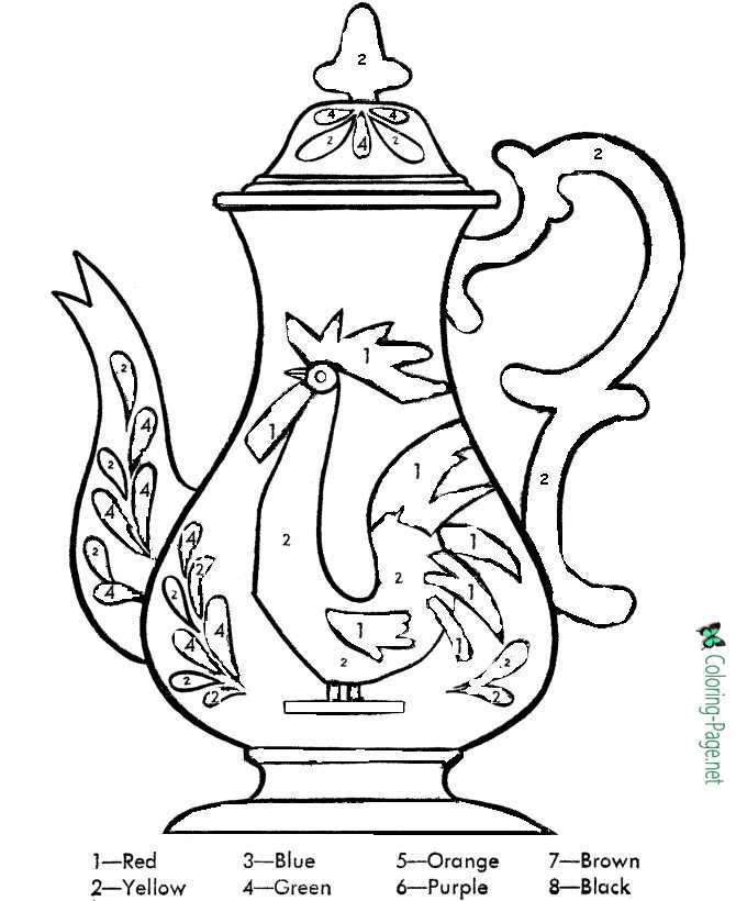 Rooster Teapot Color by Number Worksheet