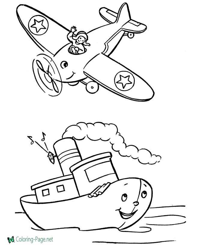 Airplane and Boat Coloring Page