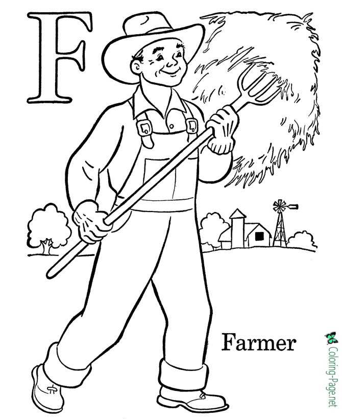 F is for Farmer - Alphabet Coloring Page