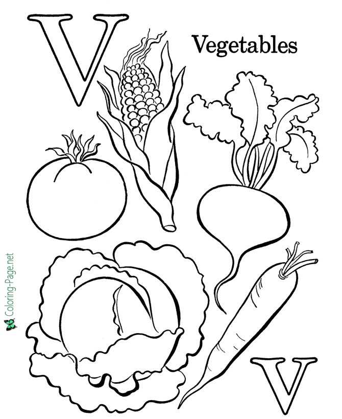 V for Vegetables sheet - Alphabet Coloring Pages