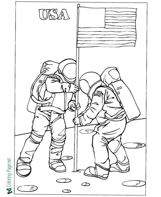 American Flag on the Moon Coloring Page