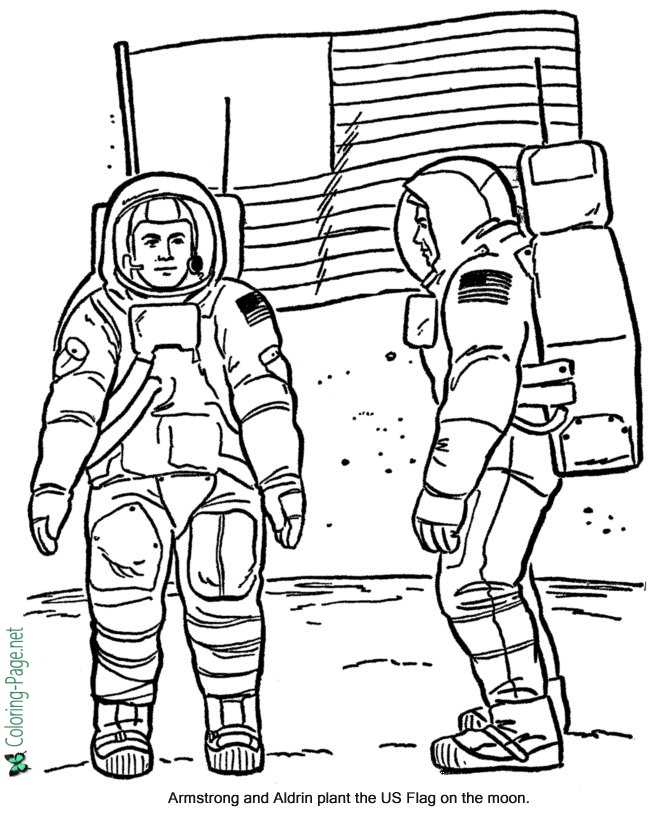 Armstrong and Aldrin Flag on Moon American History Coloring Page
