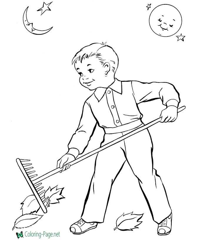 Boy Raking Leaves - Autumn Coloring Pages