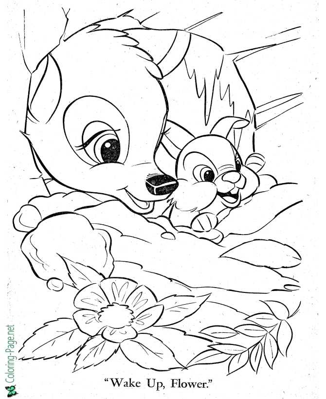 Printable Bambi and Flower coloring page