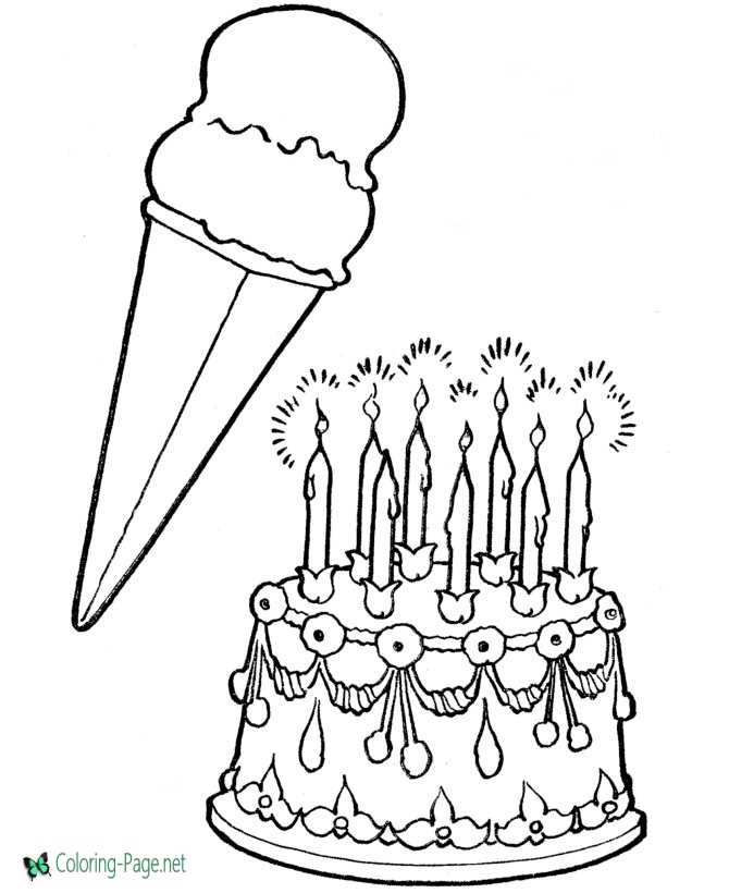 Cake with ice cream birthday coloring pages
