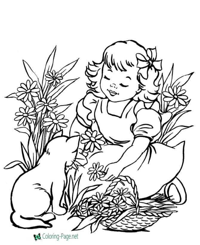 Girl and Cat Coloring Pages
