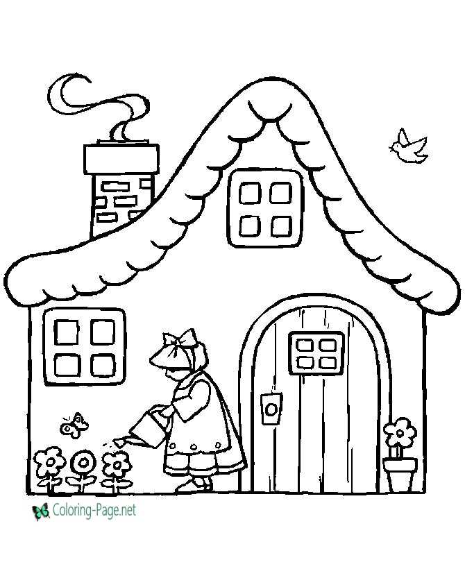Girl at Cottage Children Coloring Pages
