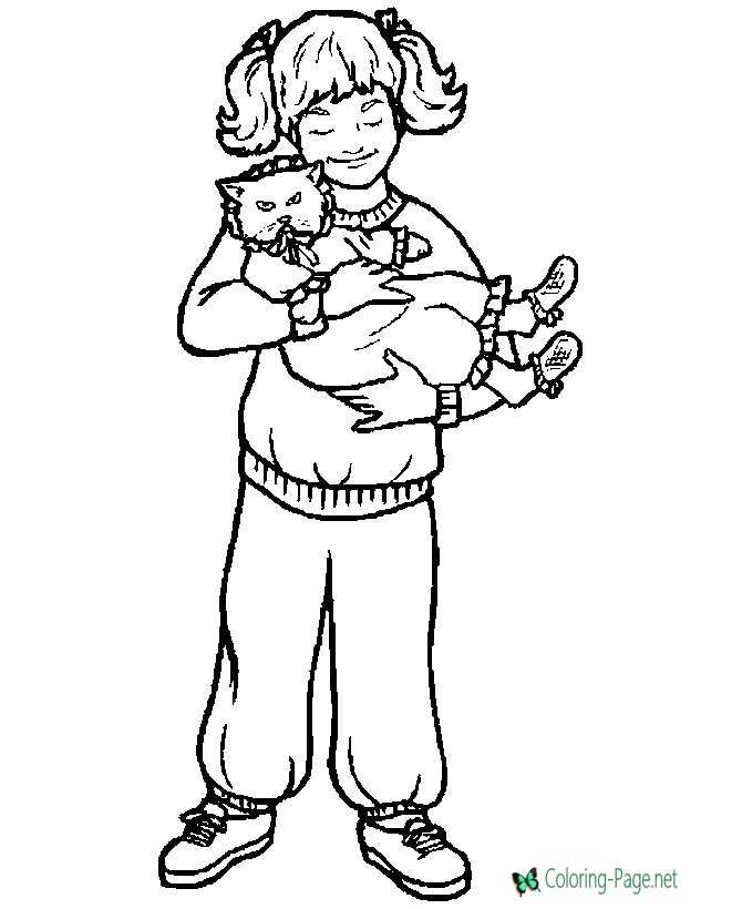 Girl and Cat Children Coloring Pages