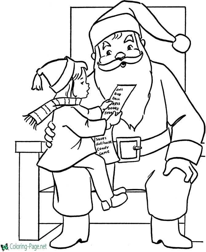 Little girl and Santa Christmas coloring page