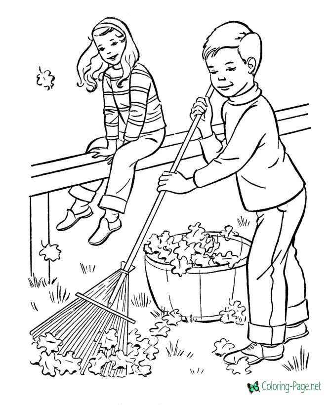 Raking Leaves Fall Coloring Pages
