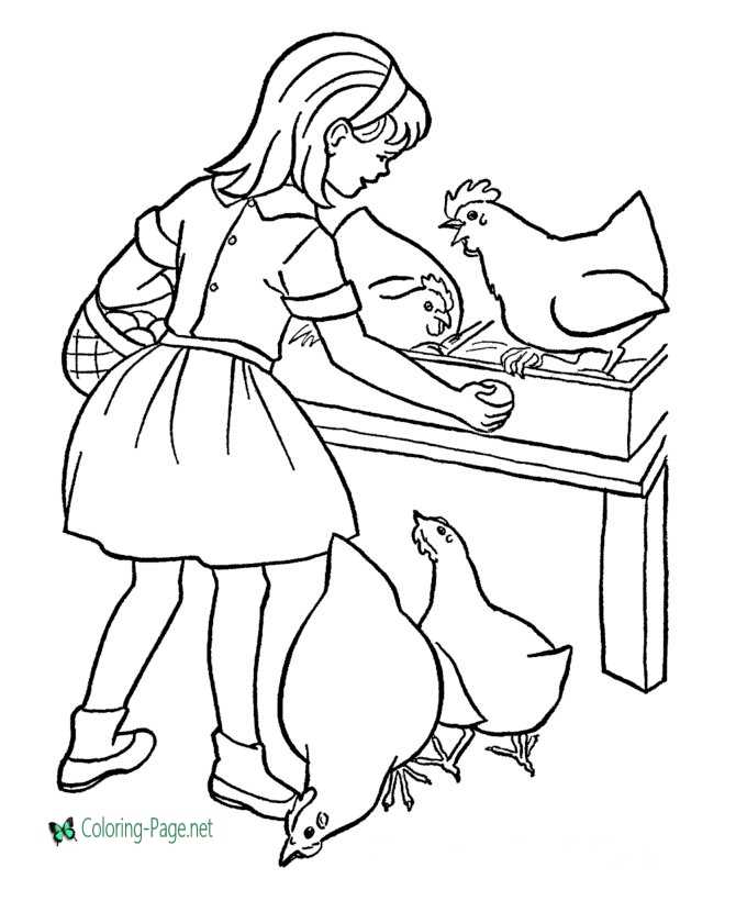 Farm Coloring Pages Girl and Chickens