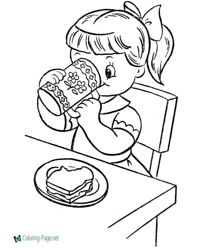Printable Food Coloring Pages Milk and Sandwich