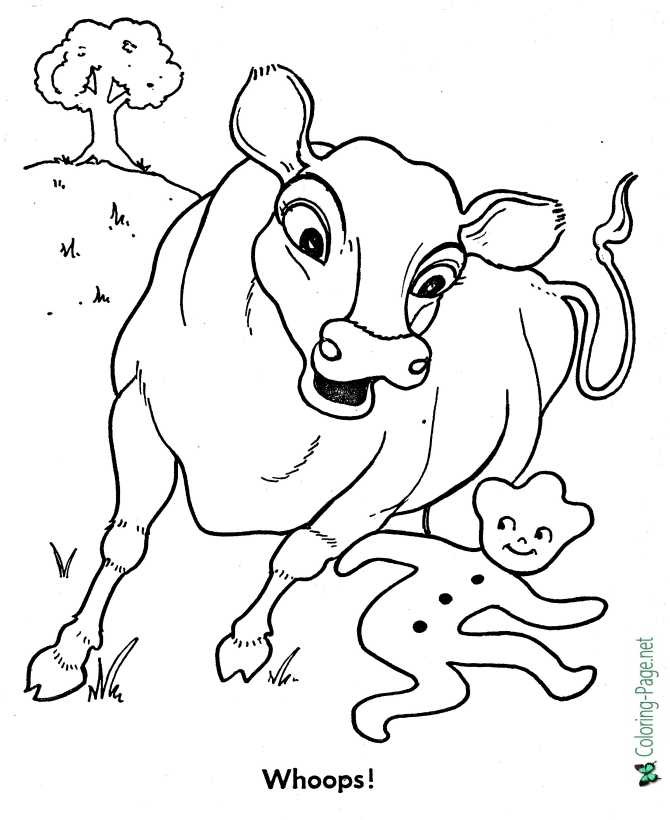 printable cow and Gingerbread Man coloring page