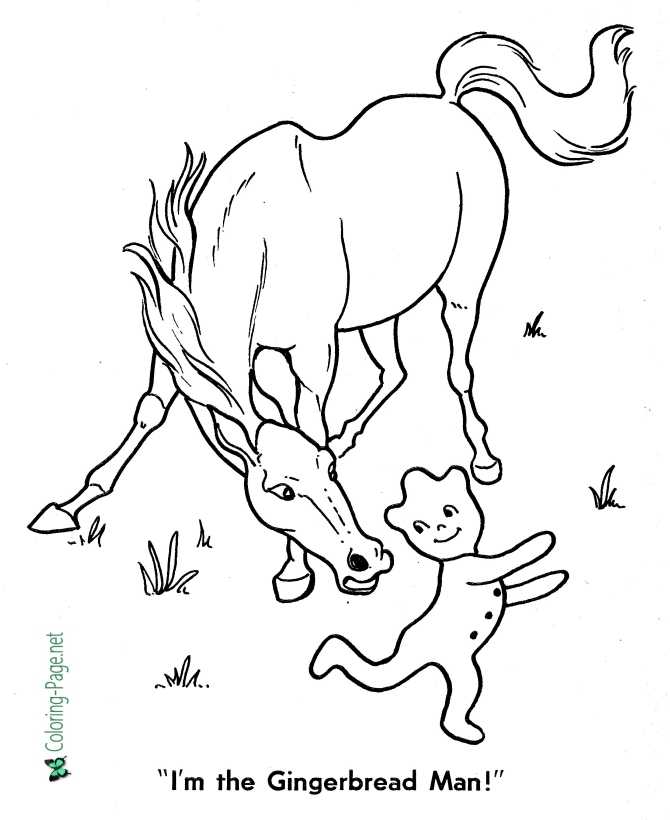 Horse and printable Gingerbread Man coloring page