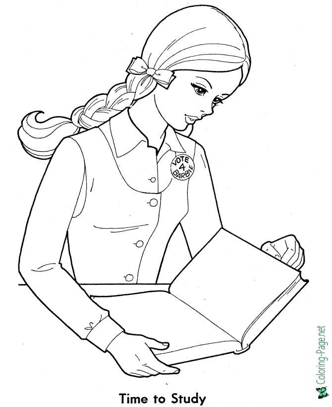 Time to Study printable school coloring page for girls