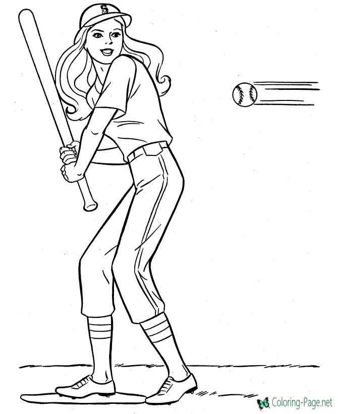 girl at bat, baseball coloring pages for girls