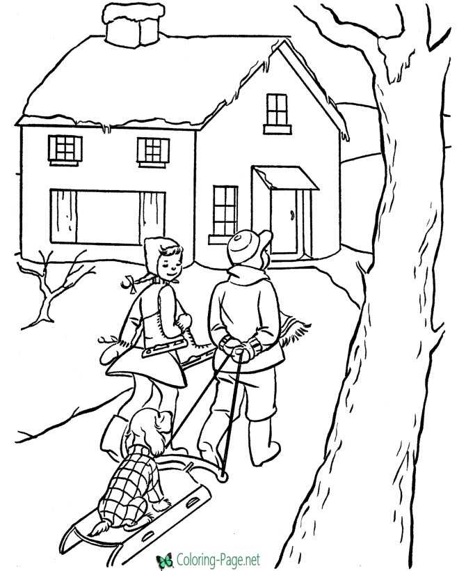 House Coloring Pages Winter Snow