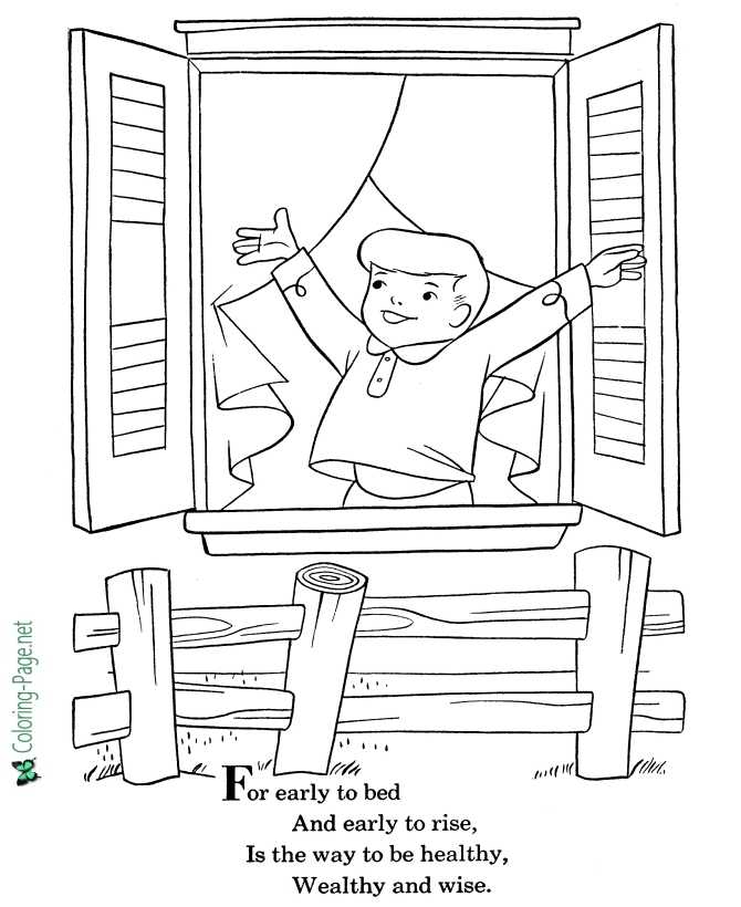 printable Early to Bed, Early to Rise nursery rhyme coloring page