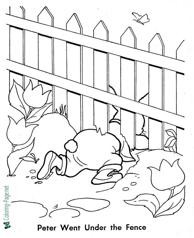 printable Peter Rabbit coloring page - Under the Fence