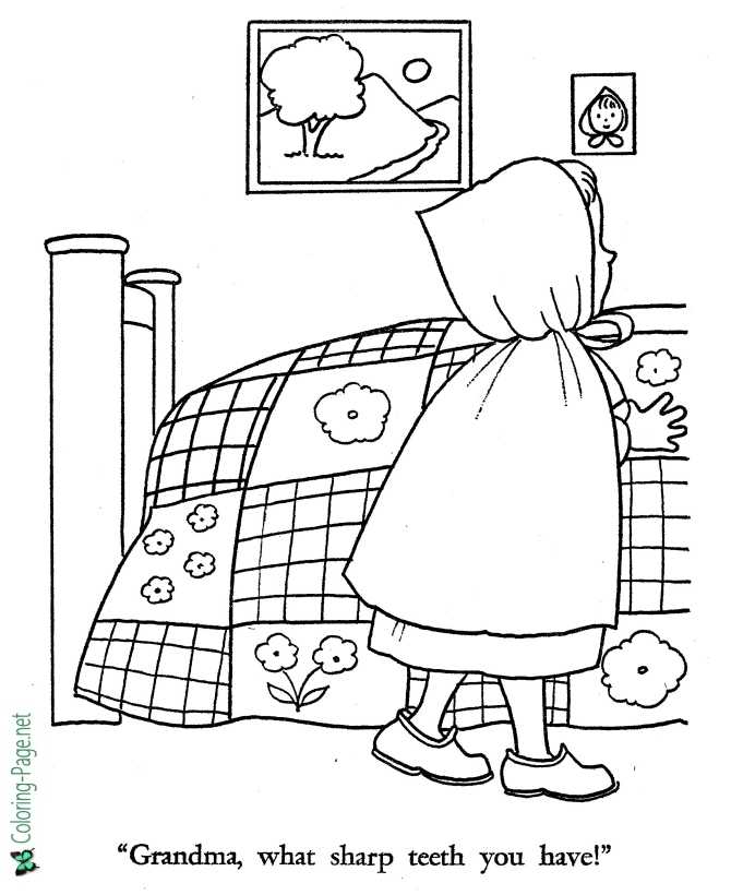 Printable Little Red Riding Hood coloring page - What Sharp Teeth!