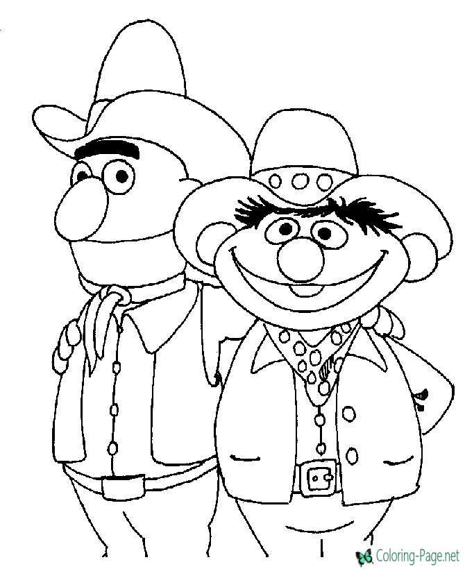 printable Sesame Street coloring page - Bert and Ernie Cowboys