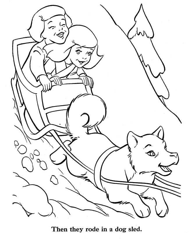 printable Children Ride a Dog Sled Coloring Page