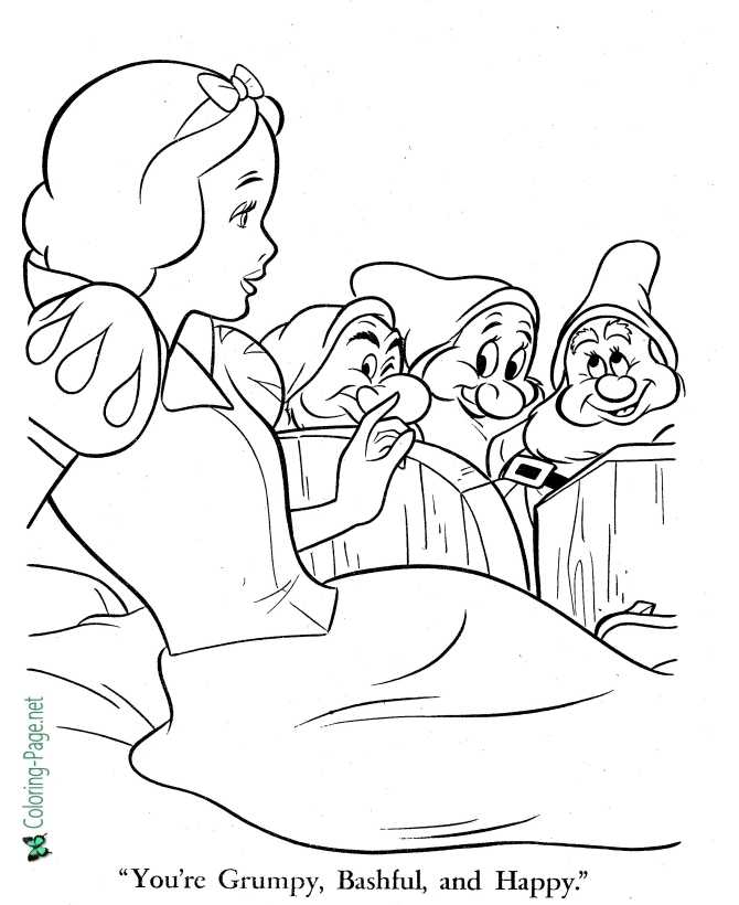 Grumpy, Bashful, Happy and Snow White coloring page