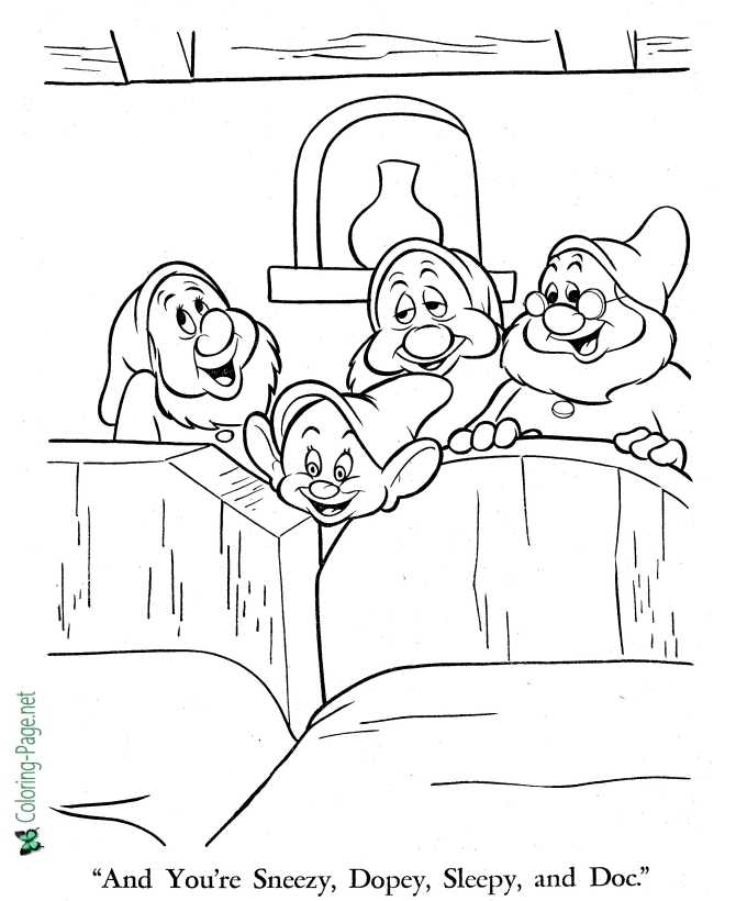 Sneezy, Dopey, Sleepy, Doc and Snow White Coloring Page