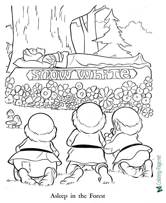 Snow White Asleep in Forest Coloring Page