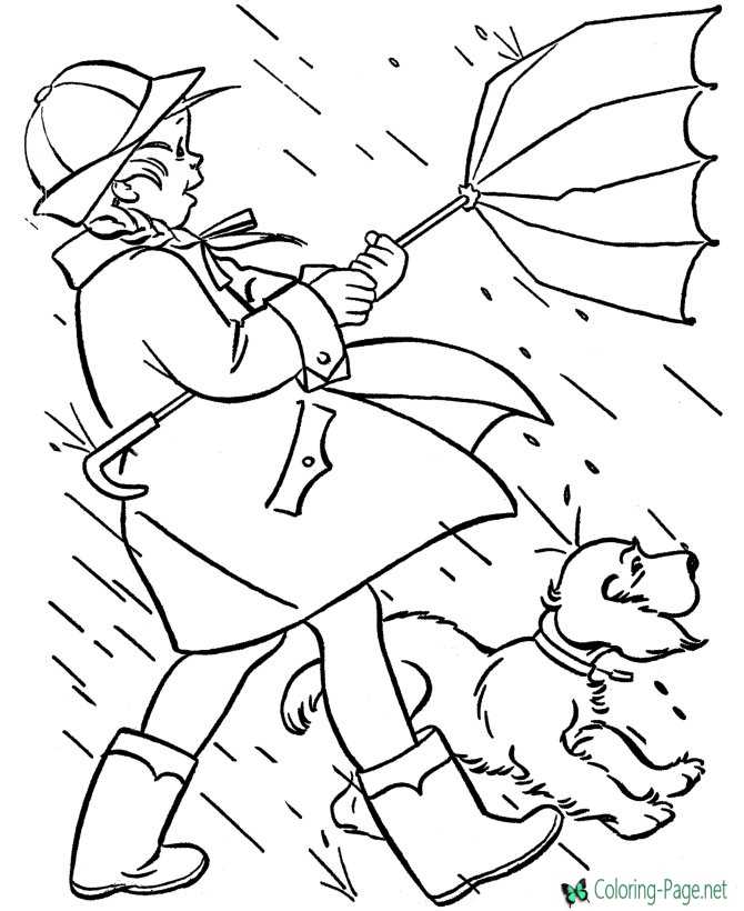 Spring Coloring Pages Girl Rain Storm