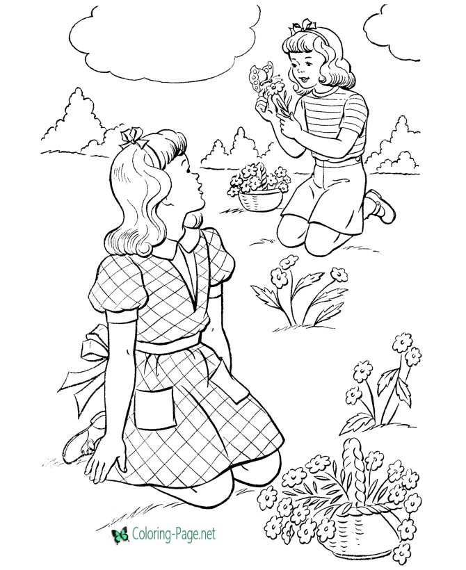 Girls Pick Flowers Spring Coloring Pages