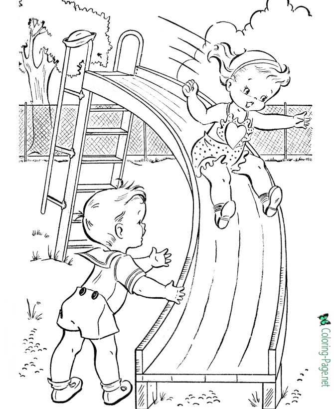 Summer Coloring Pages Girl on Slide