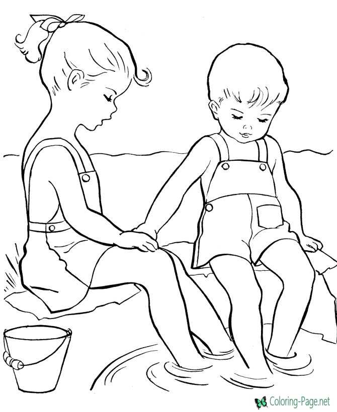 Summer Coloring Pages Girl Boy Beach
