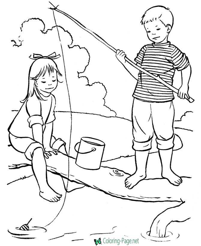 Summer Coloring Pages Girl Boy Catch Fish