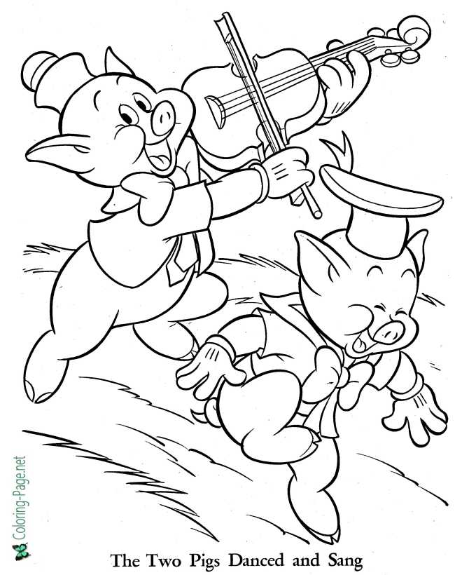 printable Three Little Pigs coloring page - Brothers Dance and Sing