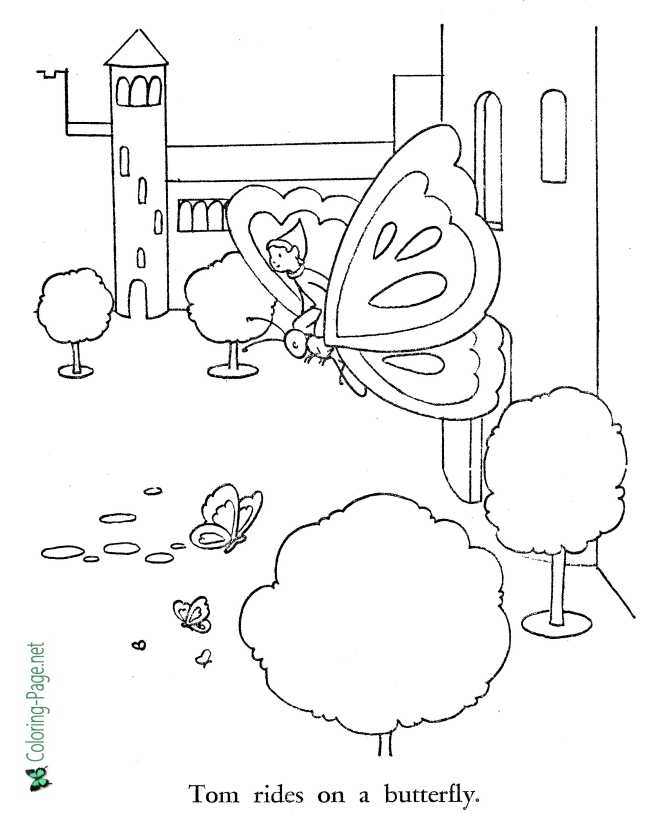 Tom Thumb Rides Butterfly Coloring Page