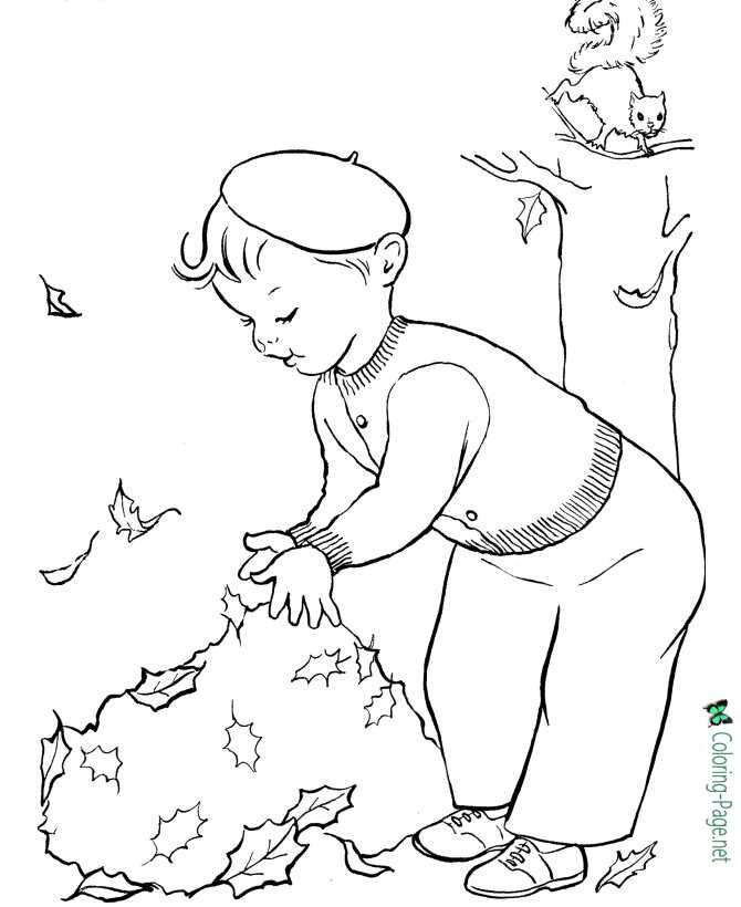 Tree Leaves Coloring Pages Boy Raking