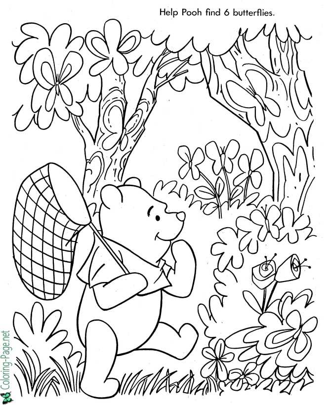 Winnie the Pooh Coloring Page - Help Pooh Find 6 Butterflies