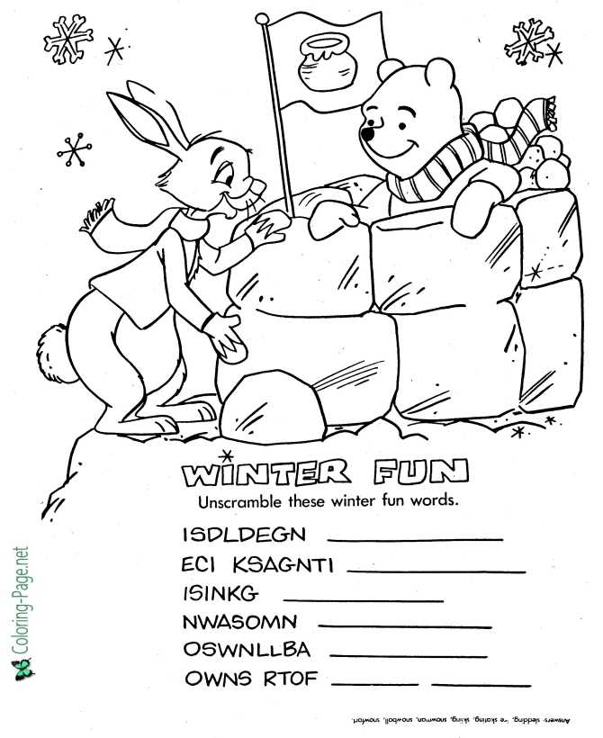 Winnie the Pooh Coloring Page - Unscramble Winter Fun Words