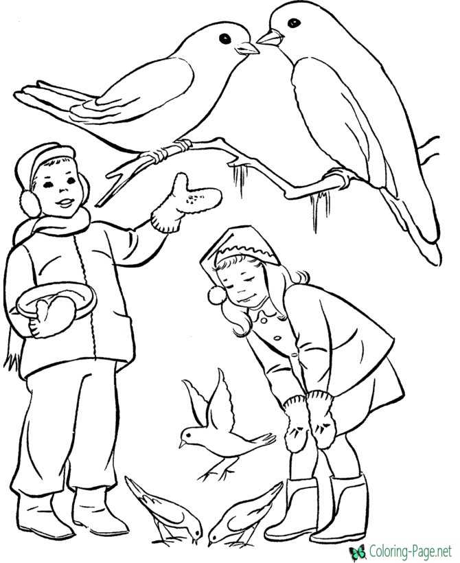 Winter Coloring Pages Girls feed Birds