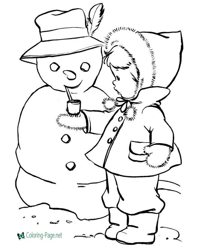 Winter Coloring Pages Girl makes Snowman