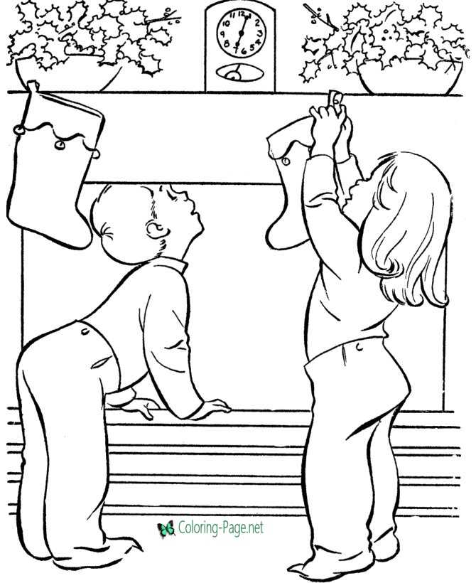 Winter Coloring Pages Girl Boy Christmas Stockings