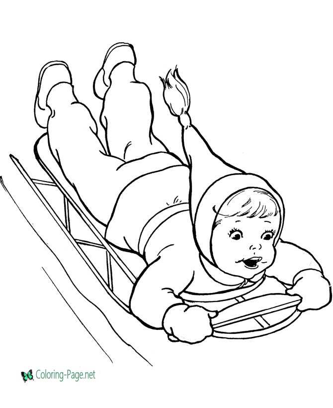 Winter Coloring Pages Girl Sledding Fun