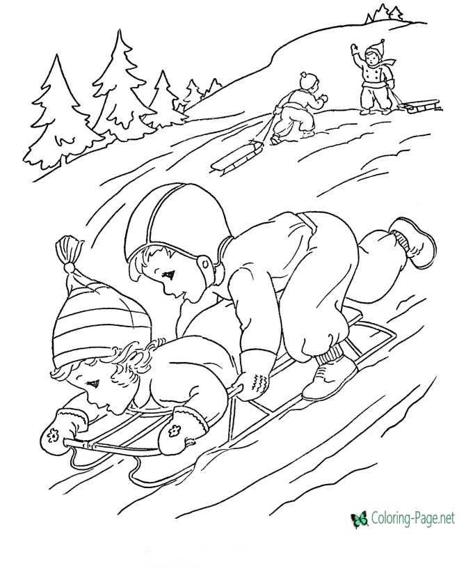 Winter Coloring Pages Girls Sledding Downhill