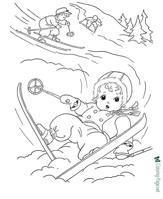 Winter Coloring Pages Girl Skiing Fall