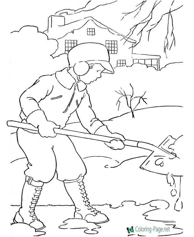 Winter Coloring Pages Boy Shoveling Snow