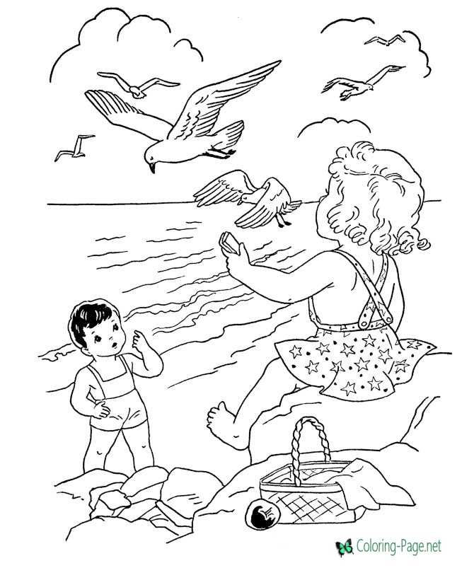 Feeding Seagulls - Free beach coloring pages