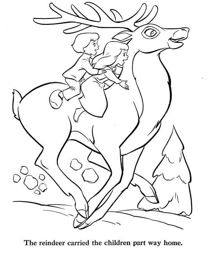 Snow Queen Coloring Page - Children Ride a Reindeer