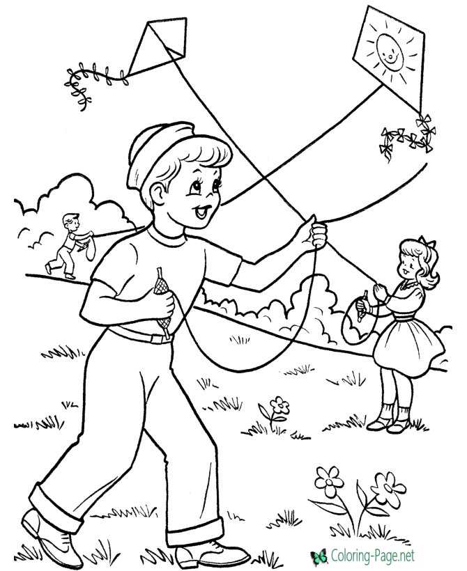 Spring Coloring Pages Girl Flying Kites