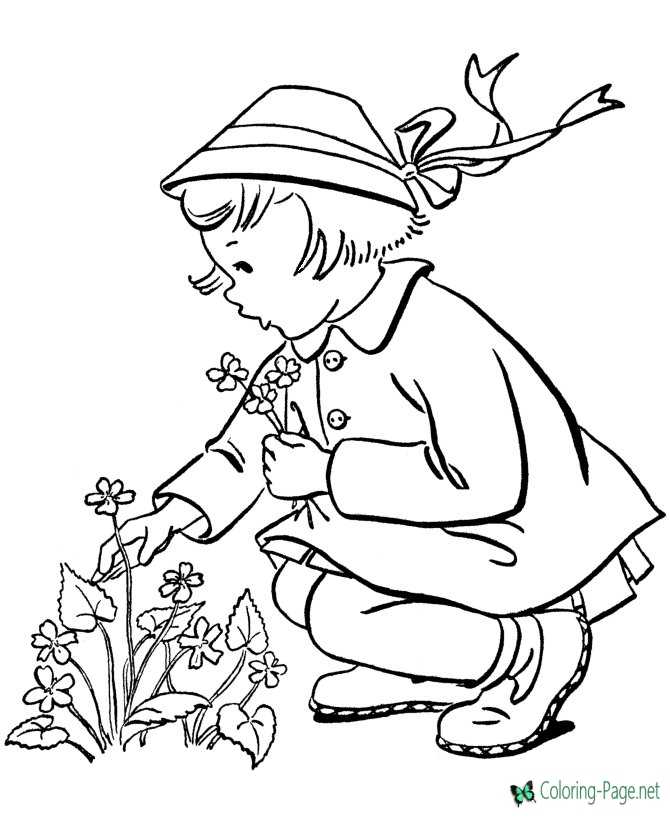 Spring Coloring Pages Girl Picks Flower